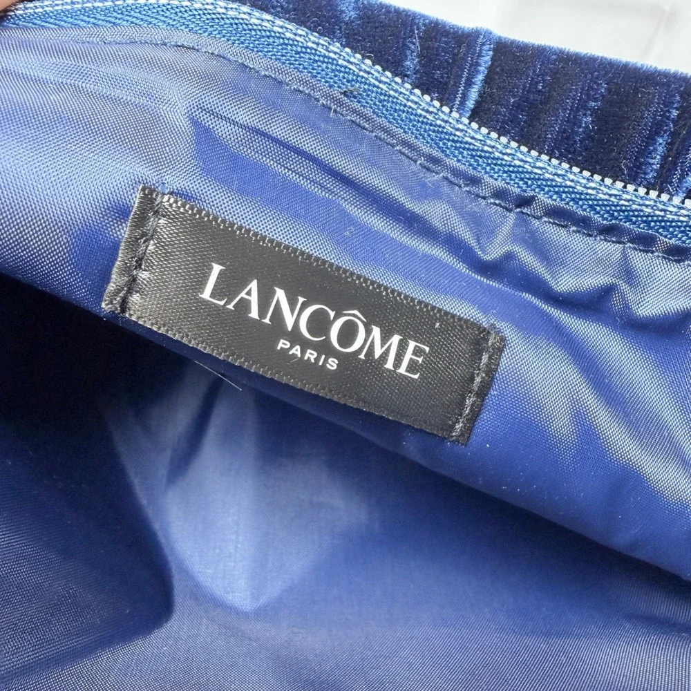 Lancome Cosmetic Bag Womens OS Blue Velvet Zippered Makeup Travel Pouch Luxury